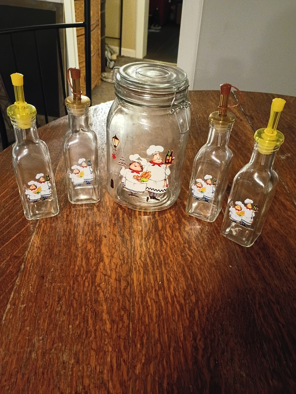 Chef Print Glass Storage Jar with 4 Pour Bottles - Clear Glass